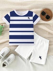 2pcs/Set Toddler Boys' Casual Striped Horse Print Short Sleeve T-Shirt And Shorts Set, Comfortable Daily Wear, Spring/Summer - Multicolor - View 7