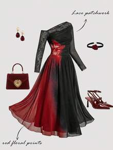 SHEIN MOD 大码女式复古黑色露肩不对称修身连衣裙，饰以红色花卉印花，喇叭裙摆，蕾丝拼接，复古皇家风，灵感源自70年代和Y2K，完美适用于约会之夜、派对、皇家风范、节日和生日装扮。 - 黑色 - 查看 1