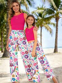 SHEIN Tween Girl Solid Color Round Neck Tank Top And Floral Print Wide Leg Pants Casual Outfit - Multicolor - View 5