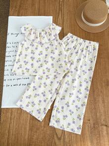 两件套少女编织荷叶边休闲吊带背心和长裤套装 - 杏色 - 查看 5