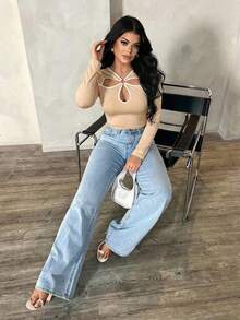 SHEIN SXY 大码女式性感休闲多色撞色镂空花卉T恤 - 彩色 - 查看 6