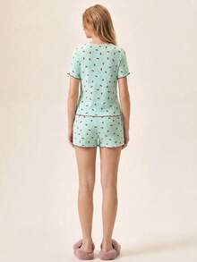 Loomlin 女士两件套可爱图案短袖和短裤家居服睡衣套装 - 薄荷綠 - 查看 2