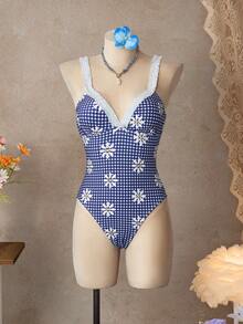 Swim Mod 2026春夏女士沙滩套装，连体泳衣，优雅浪漫甜美可爱海岛度假风，艺术雏菊蓝白格纹印花，精致蕾丝花边装饰，细肩带修身连体泳衣，适合夏季度假、海滩、泳池、日常穿着。2026新款女士泳装到货，适合上学、度假、约会、下午茶、西式、邮轮、海滩、海岛、公路旅行、四季皆宜、音乐节、波西米亚风度假、凉爽秋季、西部波西米亚风、优雅女士泳衣，活泼假日彩色印花波西米亚复古泳衣，复古泳衣，女士雏菊泳衣，格纹泳衣，连体泳衣 - 藍色 - 查看 8