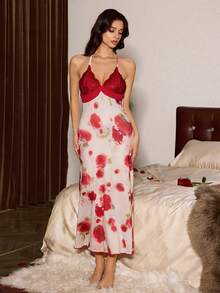 Slumberist 奢华女士睡衣套装，优雅花卉印花荷叶边睡袍，半透明性感睡袍套装 - 酒紅色 - 查看 4