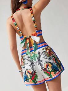 Soleia Spring/Summer New Casual Vacation Western Beach Wedding Guest Attire Graduation Brunch Women's Outfit, St. Patrick's Day Spring Break Easter Music Festival Elegant Boho Tropical Floral Print Backless Tie Strap 2-Piece Set - Multicolor - View 2