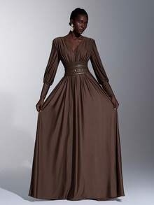 Elitara Elegant, Romantic, Fashionable Coffee Brown Pleated Decor Elastic Waist A-Line Mini Train Dress, Suitable For Wedding Guest, Holiday, Birthday Party, Wedding Ceremony, Bridesmaid - Coffee Brown - View 5