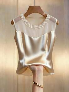 SHEIN Chic Pearl Detailed Cold Shoulder Tank Top Regular Length Champagne Blouse - Champagne - View 3