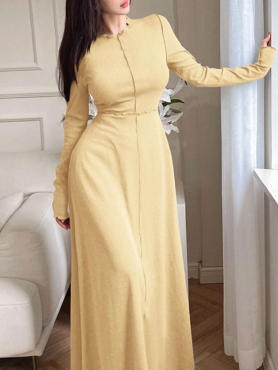 Feyla 女士纯色荷叶边圆领长袖优雅连衣裙浅黄色连衣裙女士黄色长袖连衣裙 - 鵝黃色 - 查看 1