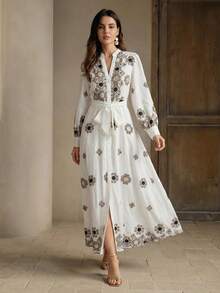 Anewsta 白色刺绣收腰不对称下摆花卉刺绣长袖优雅女装 - 白色 - 查看 5