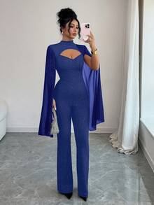 SHEIN Elenzya 女士纯色立领开袖镂空设计优雅喇叭连体裤 - 寶藍色 - 查看 7