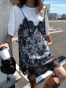 DAZY Women Lace Splice Sleeveless 2 In 1 Short Sleeve Dress,Casual Women Dresses