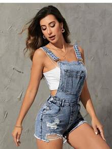 SHEIN PETITE Women's Pocketed Distressed Frayed Hem Fashionable Denim Bib Shorts - Dark Wash - View 4