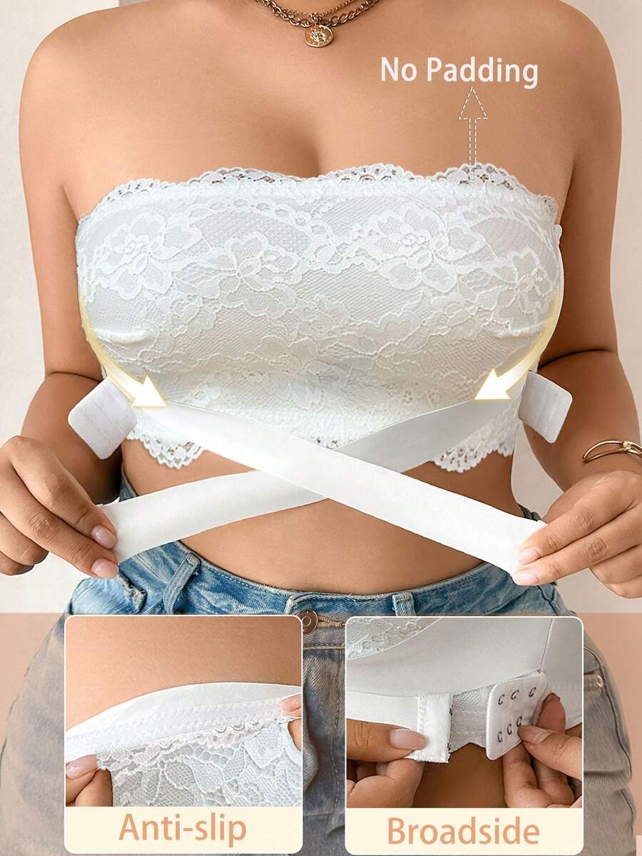 Sujetador camiseta sin aros con parches de encaje para tallas grandes - Blanco - Ver 1