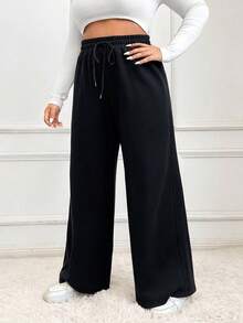 SHEIN EZwear Pantalones de chándal rectos, sueltos y casuales de cintura elástica con cordón, talla grande y unicolor - Negro - Ver 6