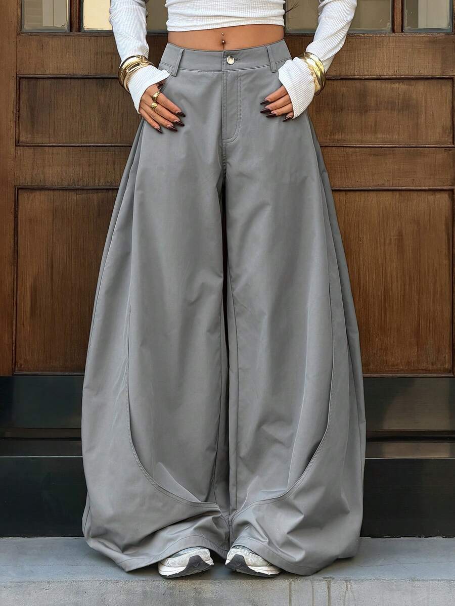 Muchica 女士炭灰色褶皱宽松阔腿裤 - 灰色 - 查看 1