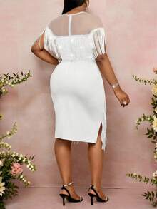 SHEIN Lady 大码女式纯色圆领短袖多层流苏设计优雅派对连衣裙 - 白色 - 查看 2