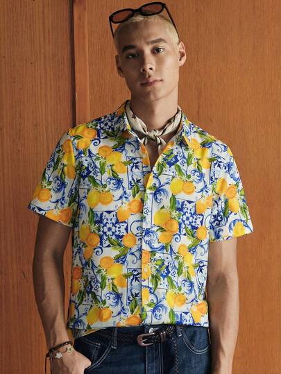 Manfinity Unisex Men's Lemon Print Casual Turndown Collar Single-Breasted Short Sleeve Shirt, Versatile For Daily Wear Lemon Shirt Men Hawaiian Dress Shirt For Men Mens Floral Shirts Tropical Men Clothes Sunflower Shirt Men