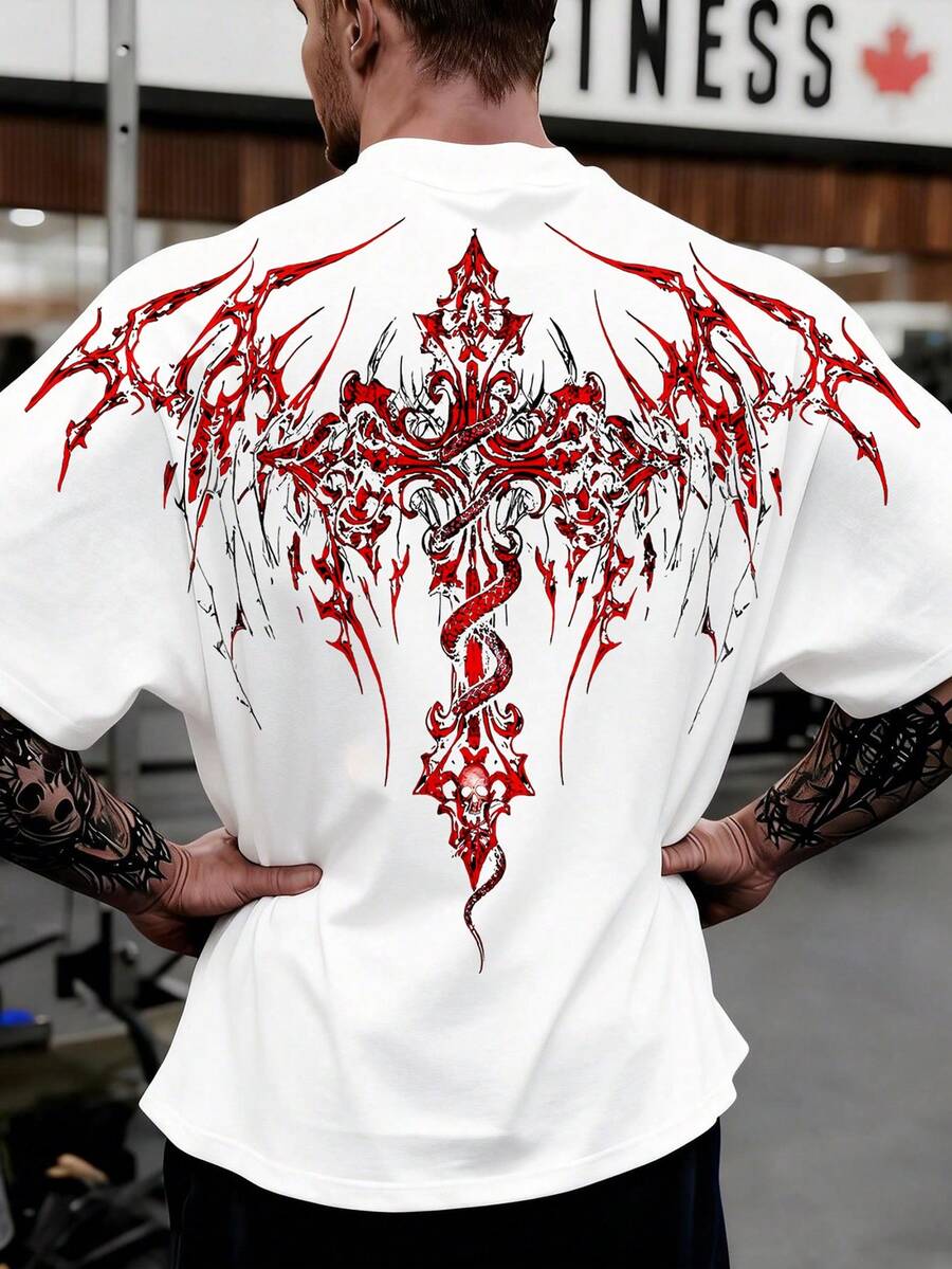 Manfinity Sport PWRUP 男士十字印花圆领短袖休闲健身运动T恤 - 彩色 - 查看 1