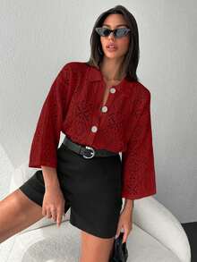 EURMUSE Women's Solid Color Long Sleeve Sweater, Fashionable For Spring & Autumn - Red - View 2