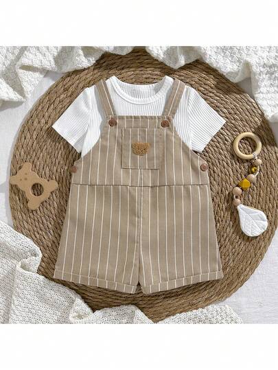 Loomiva 2pcs Baby Boy Solid Color Crew Neck Pullover Top And Bib Overalls Pants Set Baby Boy Overall Set Baby Vintage Overalls Boys Mocha Baby Clothes Brown Vintage Baby Boy Clothes Neutral Baby Clothes Unisex