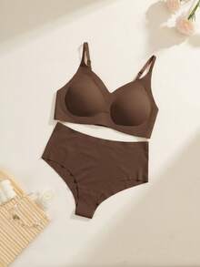 NudeFit 2pcs Set Minimalist Comfortable Jelly Gel Seamless Underwear, Includes Triangle Panties And Sleep Bra - Mocha Brown - View 6