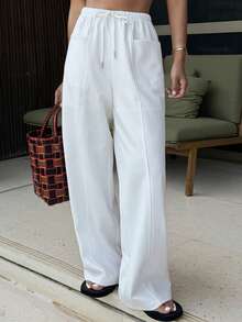 Livesso Women's Lace-Up White Pocket Casual Solid Color Pants - White - View 1