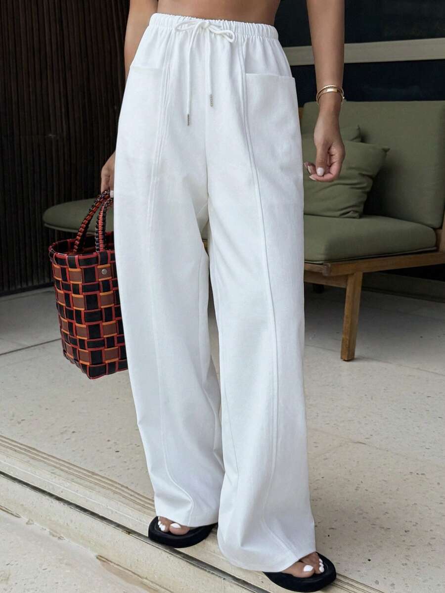 Livesso Women's Lace-Up White Pocket Casual Solid Color Pants - White - View 1