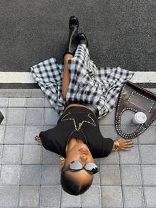 Muchica 时尚格子编织高开衩女裙 - 黑與白 - 查看 6