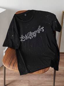 Manfinity Joysei 男士短袖字母印花圆领T恤，带金箔印花，夏季 - 黑色 - 查看 1