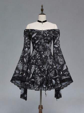 Goth Vestido corto de mujer con hombros descubiertos, mangas acampanadas, bajo asimétrico y encaje con estampado retro romántico gótico de calavera, murciélago y planta