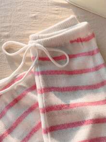 Comfortcana 女士休闲度假通勤宽松抽绳腰条纹阔腿针织裤，秋冬款 - 粉色 - 查看 7