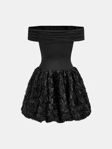 SHEIN Nova Glow 少女休闲纯色拼接露肩连衣裙 - 黑色 - 查看 4