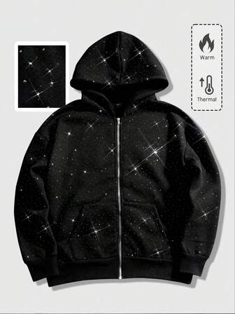 Men's Heavy Rhinestone Zipper Casual Hoodie