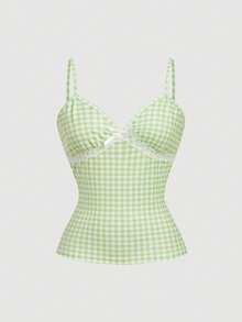 MOD Camiseta ajustada de mujer con estampado floral, encaje de contraste y lazo decorativo, estilo casual de campo y vacaciones de verano - Verde - Ver 2