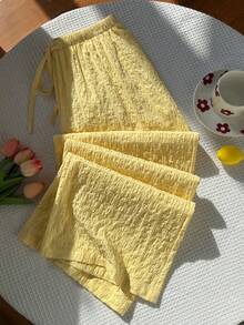 Elamini Quần dài nữ màu vàng cotton nhăn, cạp thấp, ống đứng, có dây rút, túi, kiểu dáng giản dị, tối giản, đa năng cho mùa xuân/hè, đi nghỉ mát, ở nhà, ngoài trời. - Màu vàng - Xem 5
