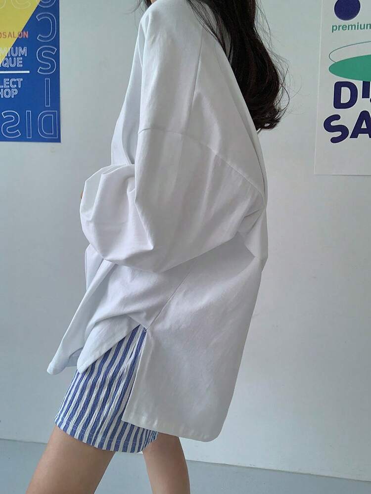 Women's Solid Color Oversized Long Sleeve T-Shirt, White, Spring/Summer/Autumn
