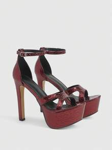 CUCCOO LuxiPop Women's Thick Sole Fashionable Buckle Design High Heel Sandals, Suitable For Party Occasions Valentine's Day - Burgundy - View 3