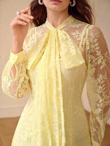 ZEYLAH Elegant Romantic Bow Decor A-Line Loose Long Dress, Spring/Summer - Light Yellow - View 2