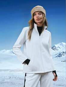 In My Nature Jaqueta Casual Versátil Corta-Vento Feminina de Cor Sólida, Gola Alta, Bolso e Zíper na Frente - Branco - Visão 4