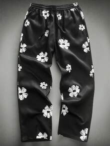 HIMLAND Men's Casual Floral Print Drawstring Waist Slant Pocket Loose Pants, Vacation Style - Black and White - View 4