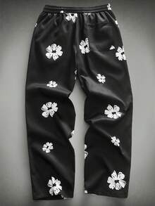 HIMLAND Men's Casual Floral Print Drawstring Waist Slant Pocket Loose Pants, Vacation Style - Black and White - View 2