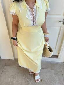 Sunnyshic 大码女式撞色蕾丝腰部中长连衣裙，黄色，休闲日常可爱度假风 - 淡黃色 - 查看 1