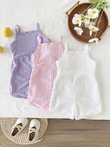 SHEIN Bộ 3 món đồ liền thân không tay và quần short cho bé gái mùa hè, kiểu dáng tối giản, in hình bướm, màu tím trơn, có gân và nơ đen. - Nhiều màu - Xem 2