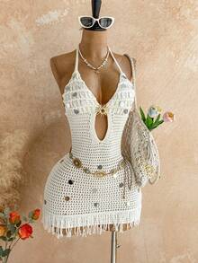 Soleia Women's Solid Color Sequin Design Hollow Out Halter Knit Dress, Vacation - White - View 4