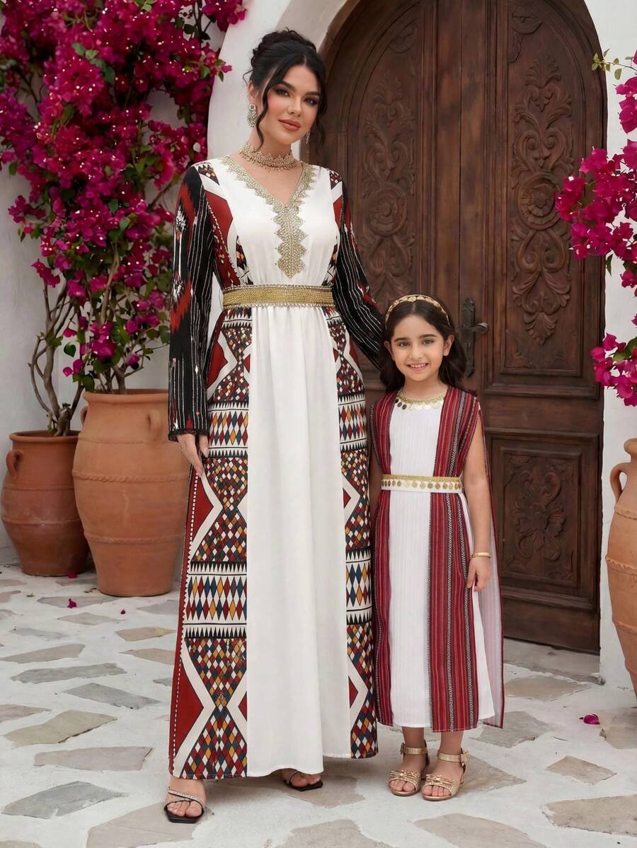 Al Najma Casual Retro Print V-Neck Long Sleeve Sadu Retro Print Waist A-Line Regular Spring Autumn Turkish Maxi Dress & Arabic Traditional Abaya