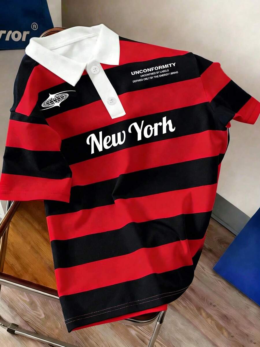 Manfinity Joysei Men's Simple Red And Black Striped College Letter Polo Shirt, Suitable For School, Outings, And Friend Gifts - Black - View 1