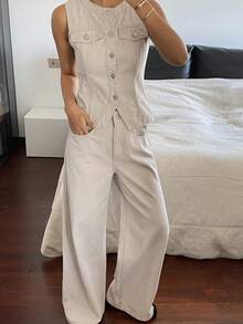 Livesso Conjunto de top ajustado de cuello redondo sin mangas y jeans de corte holgado para mujer - Blanco - Ver 3