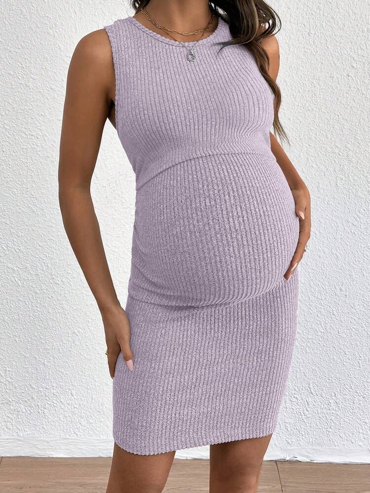 SHEIN Vestido Casual Sem Mangas Materno de Gola Redonda e Costela Sólida - Malva - Visão 4