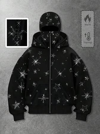 Street Life Men's Pentagram Rhinestone Stylish Kangaroo Pocket Zipper Hoodie Sweatshirt