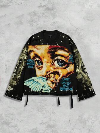 Street Life Vintage Street Style Distressed Saint Graphic Print Long Sleeve Crew Neck Men's T-Shirt, For Fall, 2000s Style